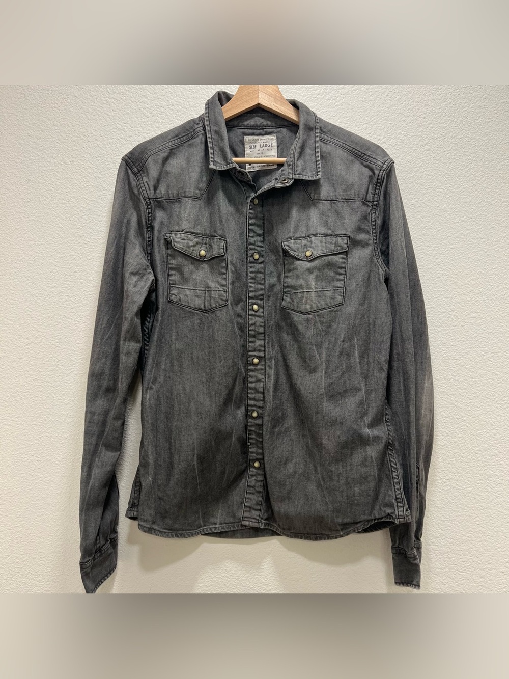 All Saints Men’s Large Denim Long Sleeve Shirt Snap Buttons Western Distressed